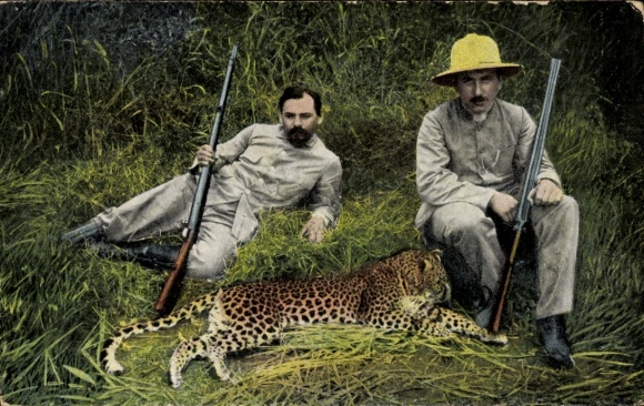 Postcard Killed Leopard, East Africa, Two Hunters, Colonial Period