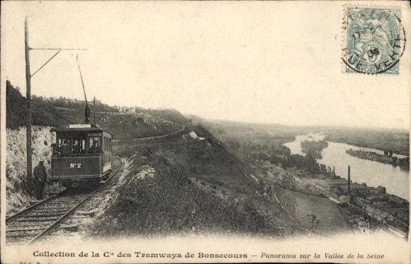 Ak Bonsecours Seine Maritime, Tram N°2, Panorama über die Seine, Tramways von Bonsecours