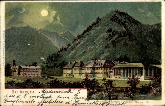 Moonlight Chromo-Litho Kreuth am Tegernsee Upper Bavaria, bathing at night, mountains