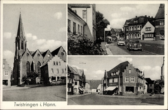 Postcard Twistringen Lower Saxony, street parts, church, business