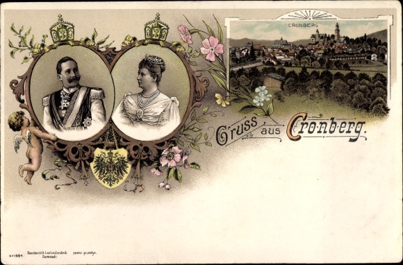 Litho Kronberg im Taunus, Blick auf den Ort, Kaiser Wilhelm II., Kaiserin Auguste Viktoria