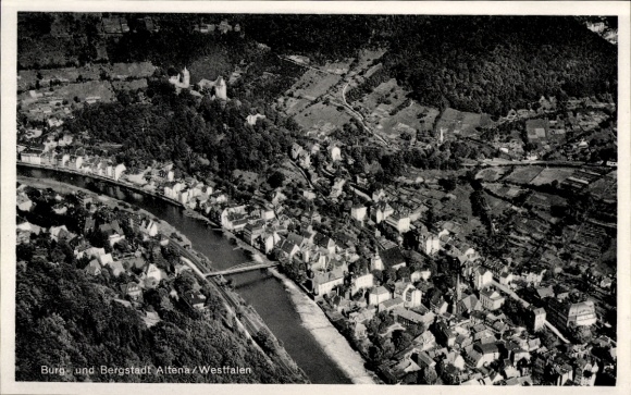 Postcard Altena in the Märkischer Kreis, aerial photograph of the castle and mining town