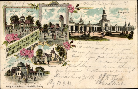 Chromo-Litho Nuremberg, Bavarian State Exhibition 1896, beer halls, wine house, industrial buildings