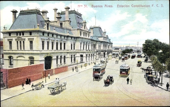 Ak Buenos Aires Argentina, Estacion Constitucion FCS, straatbeeld, trams, rijtuigen