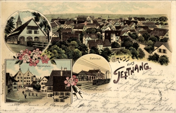 Litho Tettnang in Württemberg, St. Loretto, Bärenplatz, Bahnhof, Gesamtansicht