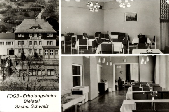 Ak Rosenthal Bielatal Saksisch Zwitserland, recreatiecentrum FDGB, restaurant met tafels en stoelen...