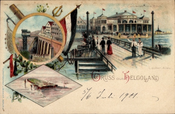 Litho Nordseeinsel Helgoland, Lästerallee, Konversationshaus, Aufzug