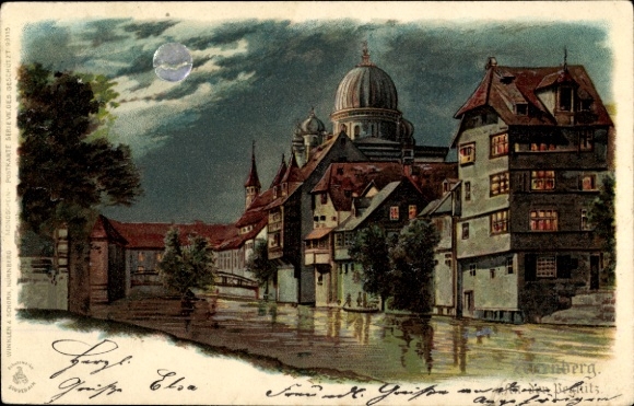 Moonlight Postcard Nuremberg in Middle Franconia, An der Pegnitz, Synagogue