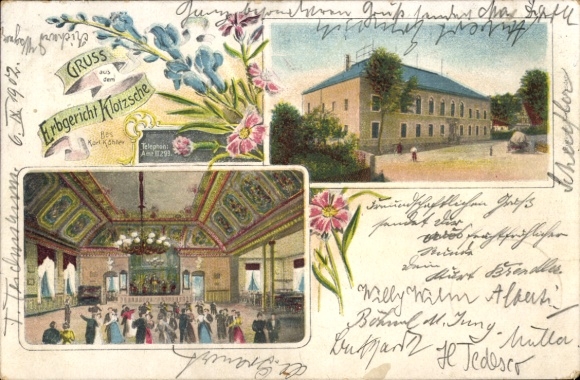 Postcard Dresden Klotzsche, Erbgericht colorful depiction, festive dance scene, building in the background