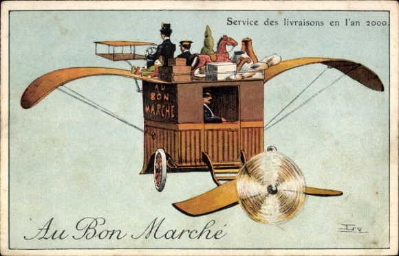 Future Postcard Delivery service in the year 2000, delivery service, airplane, Au Bon Marché, Paris, advertising