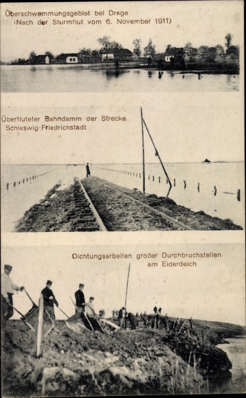 Ak Drage in Noord-Friesland, overstromingsgebied na stormvloed in 1911, ondergelopen spoordijk