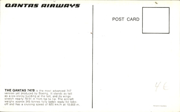 Postcard Australian passenger aircraft, Qantas Airways, Boeing 747 B