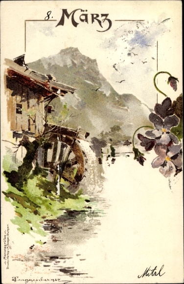Artist Chromo-Litho Guggenberger, Thomas, Allegory, March, Watermill