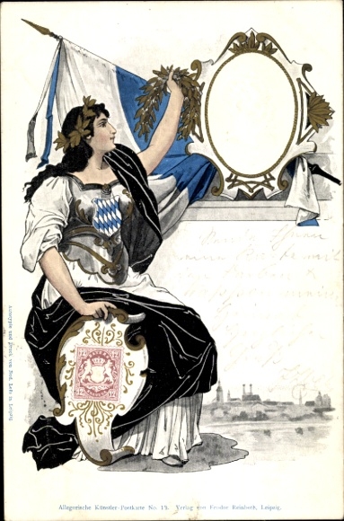 Embossed Chromo-Litho Munich, King Ludwig III of Bavaria, Portrait, Bavaria with flag and coat of arms