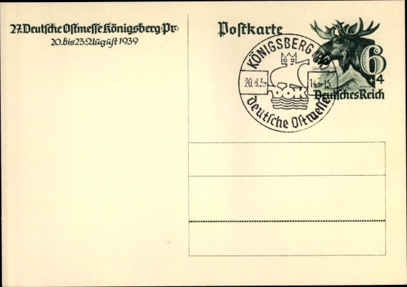 Postwaardekaart ansichtkaart Kaliningrad Königsberg Oost-Pruisen, 27e Duitse Oost-beurs 1939