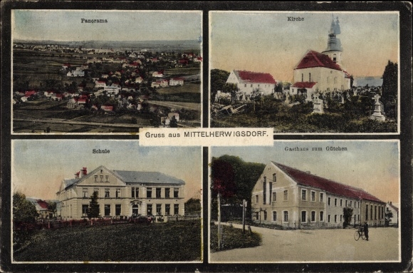 Ak Mittelherwigsdorf in Oberlausitz, panorama, kerk, school, herberg zum Gütchen
