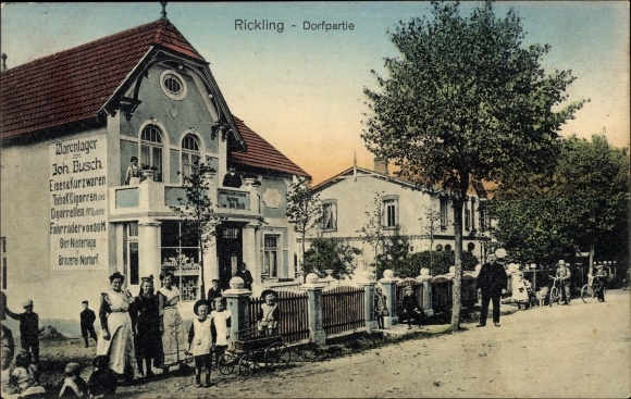 Ak Rickling in Holstein, dorpsfeest, pakhuis Joh. Busch, buurtbewoners, kinderen