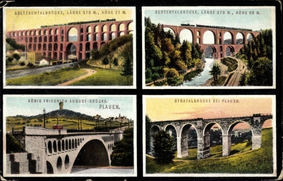 Postcard Vogtland, Göltzschtalbrücke, Elstertalbrücke, king Friedrich August Bridge, Syratalbrücke