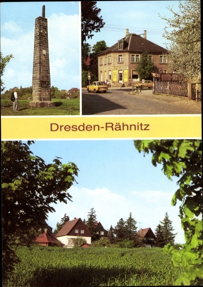 Ansichtkaart Dresden Rähnitz, meridiaankolom, Hellerstraße, gedeeltelijk aanzicht