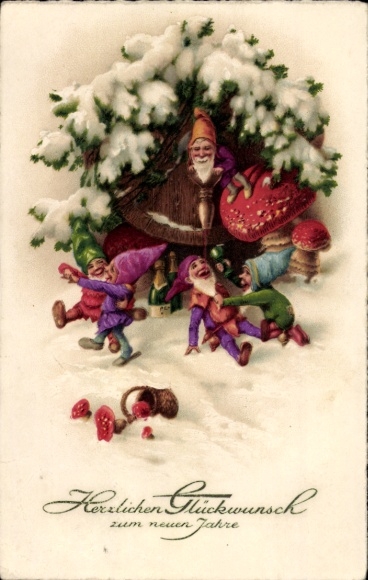 Postcard Happy New Year, dwarves, toadstools