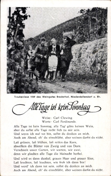 Song Ak Elke dag is geen zondag, druivenoogst 1939, wijnmakerij Brederhof, Niederdollendorf am Rh.