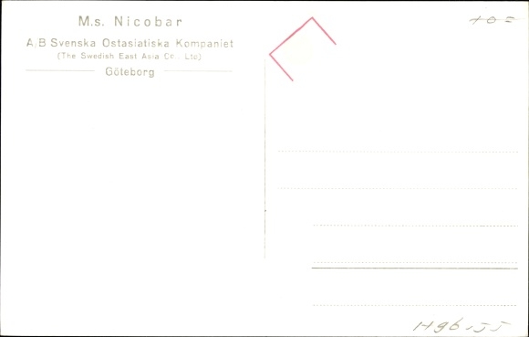 Postcard Svenska Ostasiatiska Komp., MS Nicobar, Frachtschiff