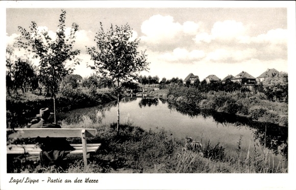 Ak Lage in Lippe, oever van de Werre, bank