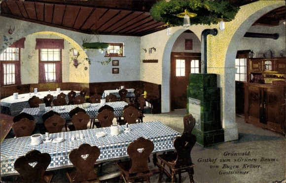 Postcard Grünwald in the district of Munich, Upper Bavaria, Gasthof zum Grüne Baum, owner Eugen Kröner