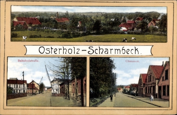 Ansichtkaart Osterholz Scharmbeck in Nedersaksen, Bahnhofstrasse, Chaussee, overzicht