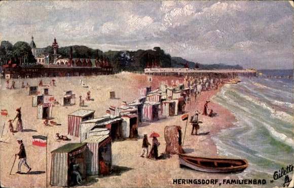 Artist Postcard Ostseebad Heringsdorf, family bath, beach party, pier