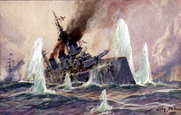 Artist Postcard Stöwer, Willy, Naval Battle North Sea 1915, English Battlecruiser, German Cruisers