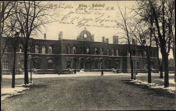 Ansichtkaart Jelgava Mitau Letland, station, straatkant, oorlogsschade, I. WW