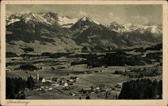 Postcard Ofterschwang in Swabia, panorama of the town, mountain range in the background