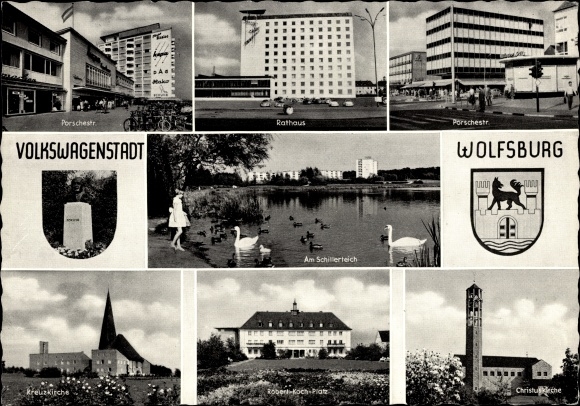 Postcard Wolfsburg, Volkswagenstadt, Porschestr., City Hall, Kreuzkirche, Christuskirche, Schillerteich