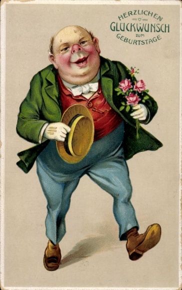 Embossed PC birthday greetings, man with flowers