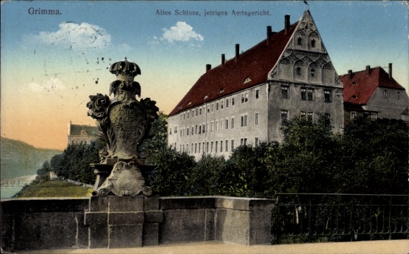 Postcard Grimma in Saxony, old castle, district court, bridge