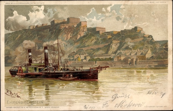 Kunstenaar litho Reiss, Fr., Ehrenbreitstein Koblenz am Rhein, plaats, salonboot, kasteel