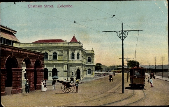 PC Colombo Ceylon Sri Lanka, Chatham Street, street view, rickshaw driver, tram