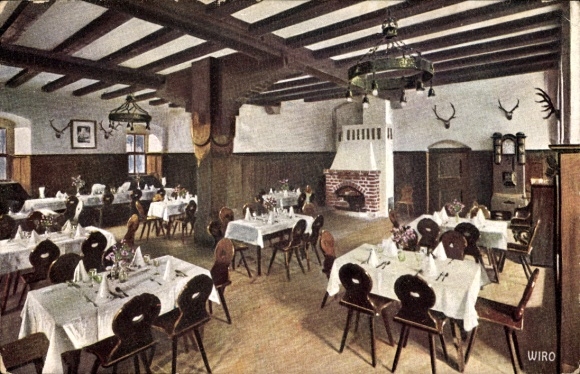 Postcard Bad Kissingen Lower Franconia Bavaria, guest room with tables, chairs, fireplace, wooden ceilings, hunting trophy