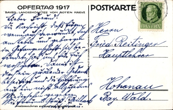 Artist Postcard Klein, Rich., Day of Sacrifice 1917, Bavarian State Committee of the Red Cross, wounded soldier