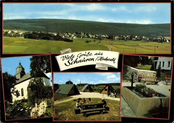 Postcard Schauren near Idar Oberstein in the Hunsrück, town panorama, church, campsite, fountain