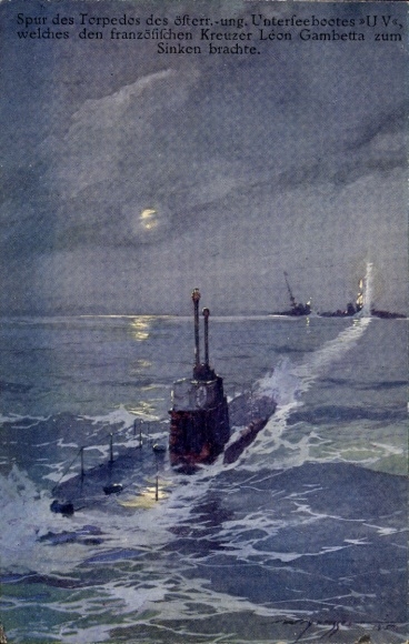 Künstler Ak Heusser, H., Spur des Torpedos des Unterseebootes UV, Kreuzer Leon Gambetta