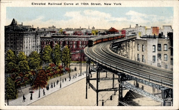 Postcard New York City USA, Elevated Railroad Curve, 110th Street, railway, city view