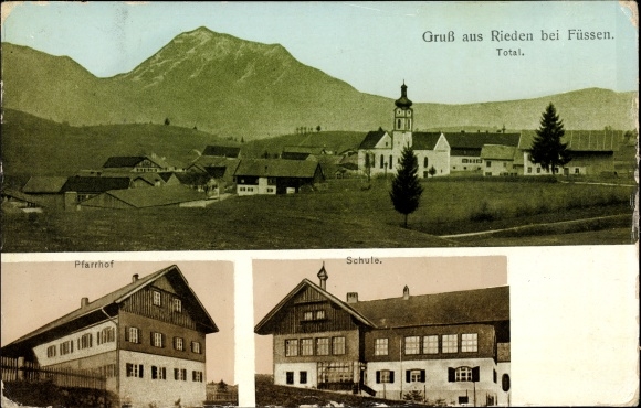 Postcard Rieden am Forggensee Allgäu, general view, church, rectory, school