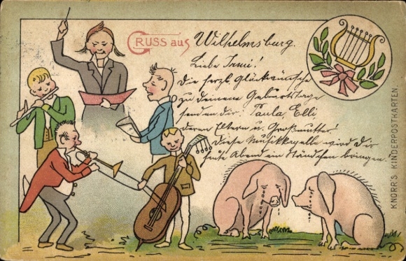 Ansichtkaart Hamburg Wilhelmsburg, muziek makende kinderen, huilende varkens