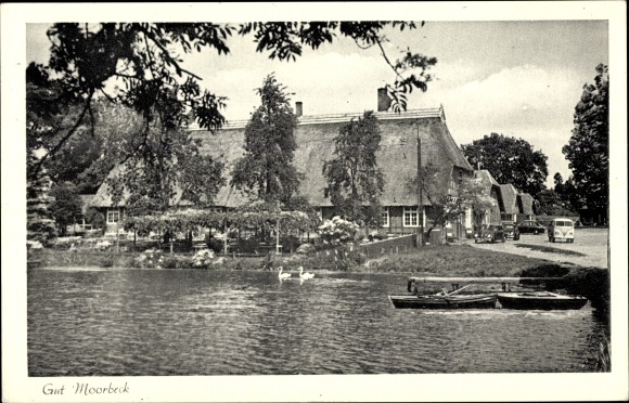 Postcard Dötlingen, view of the Gut Moorbeck restaurant, swans, boats