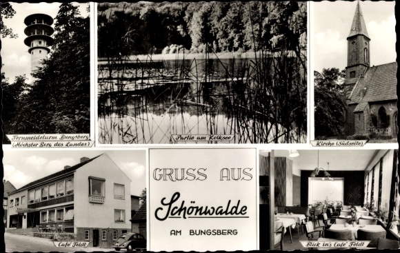 Postcard Schönwalde am Bungsberg in Ostholstein, telecommunications tower, lot at Kelksee, church, Cafe Feldt