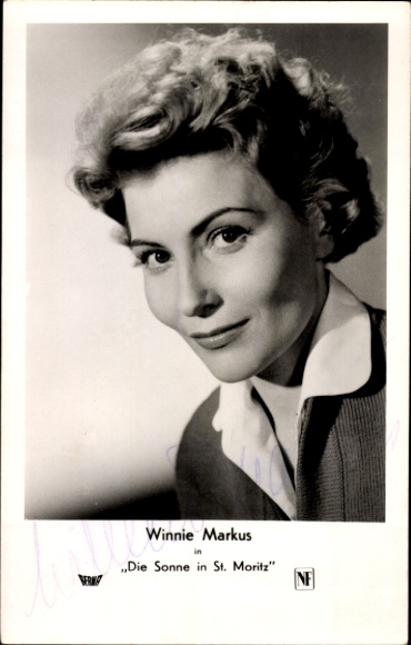 Postcard actress Winnie Markus, portrait, film The Sun in St. Moritz, autograph