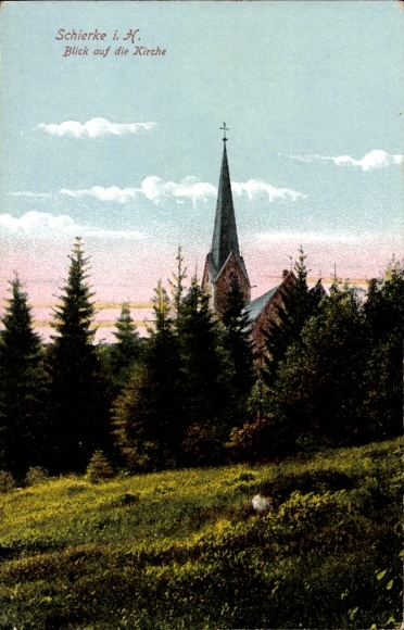 Postcard Schierke Wernigerode in the Harz Mountains, view of the church, surrounded by nature, with northern sky