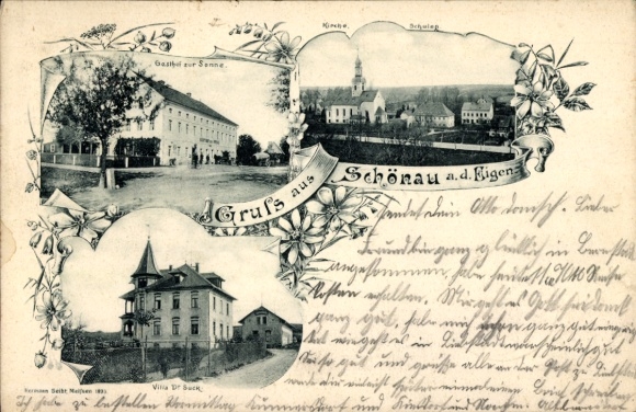 Ak Schönau Berzdorf auf dem Eigen, kerk, scholen, villa, Gasthof zur Sonne